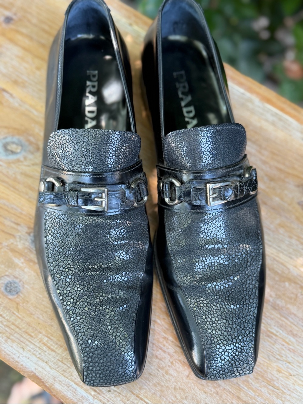 Prada Stingray Shagreen Leather Buckle Loafers